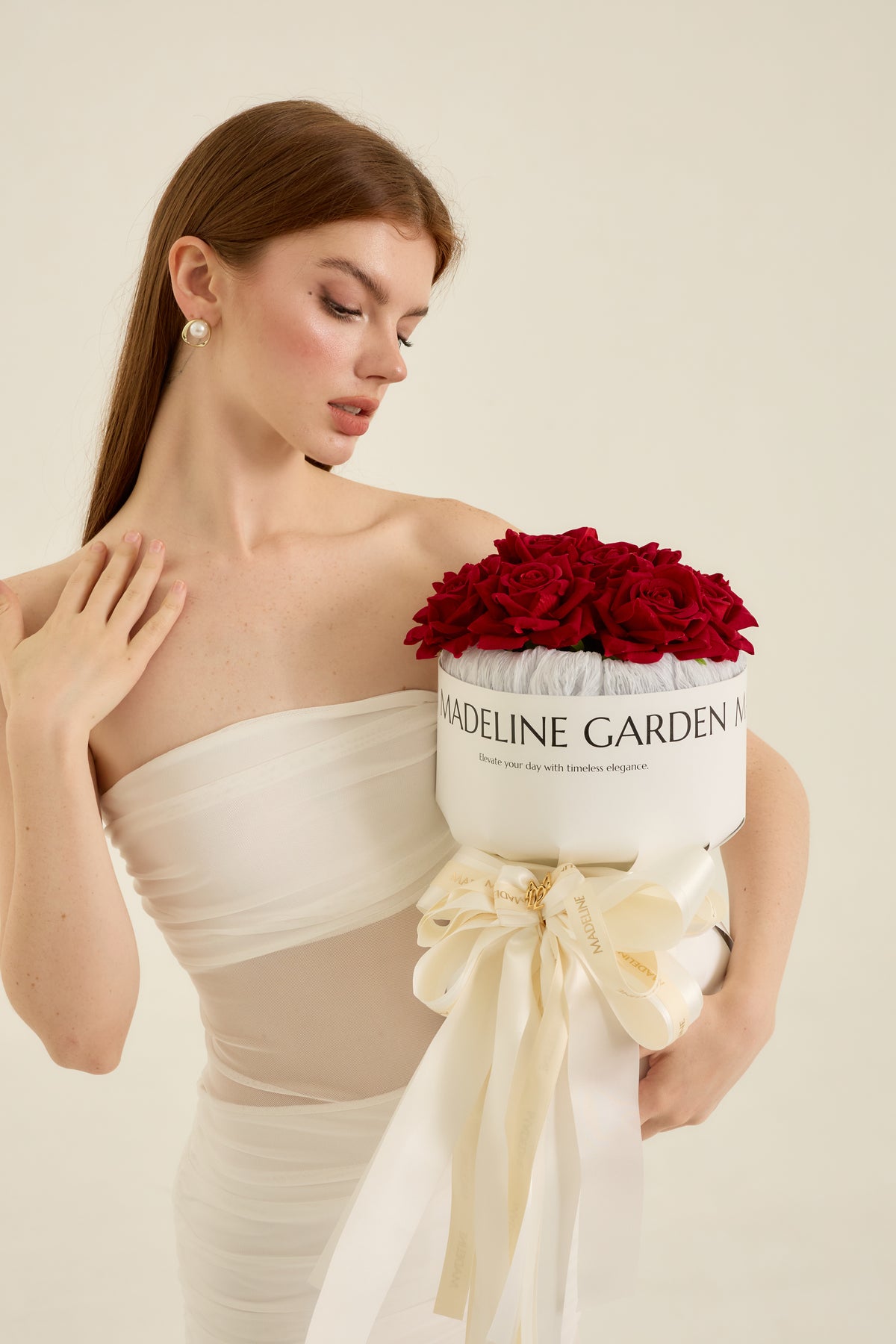 Madeline Shrub Roses White Bouquet with Red 10 Roses - Madeline Bouquet – Madeline Official ...