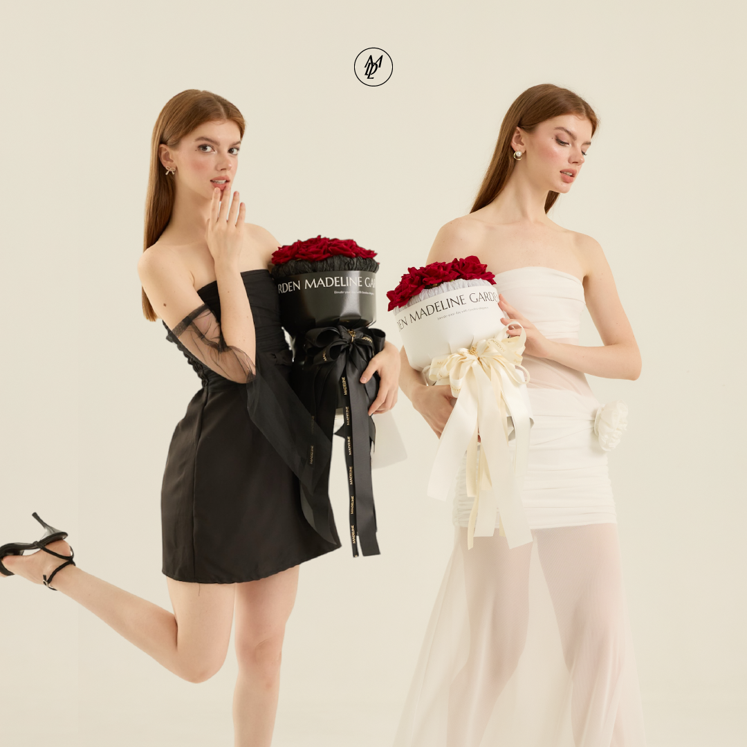 MADELINE GARDEN black and white bouquets with red roses