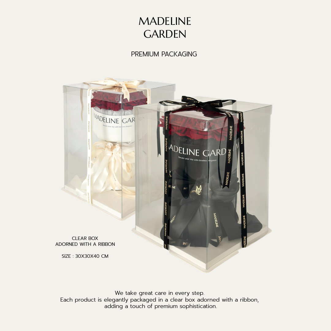 MADELINE GARDEN premium clear box packaging in black and white