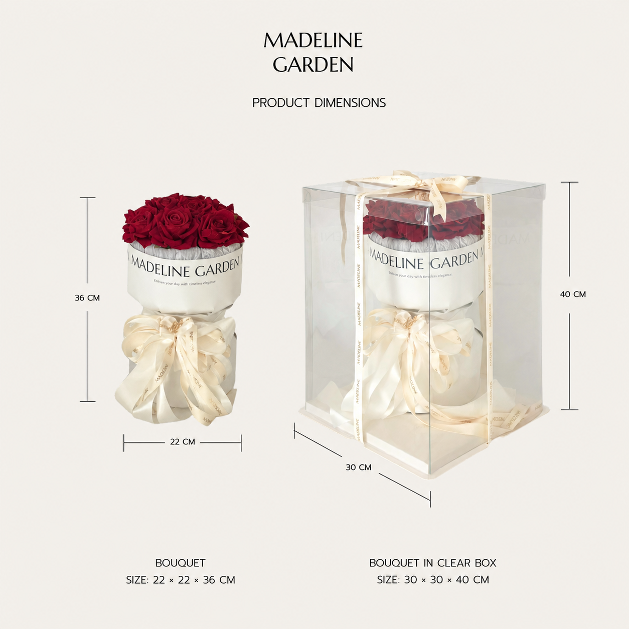 MADELINE GARDEN bouquet and packaging dimensions